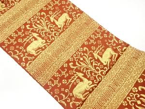 向かい鹿に唐草・横段模様織出し袋帯